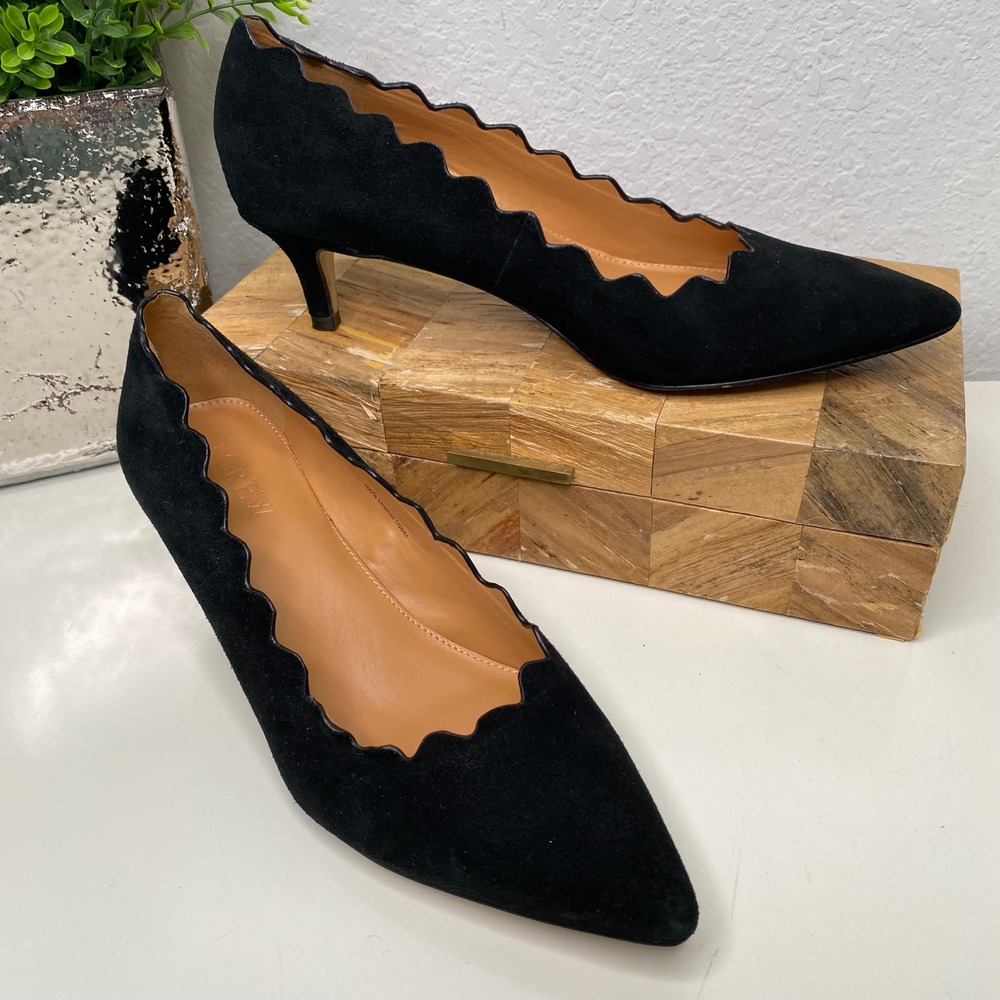 J.Crew Black Suede Scalloped Pointed‎ Kitten Heels Pumps Shoes Women's Size 6